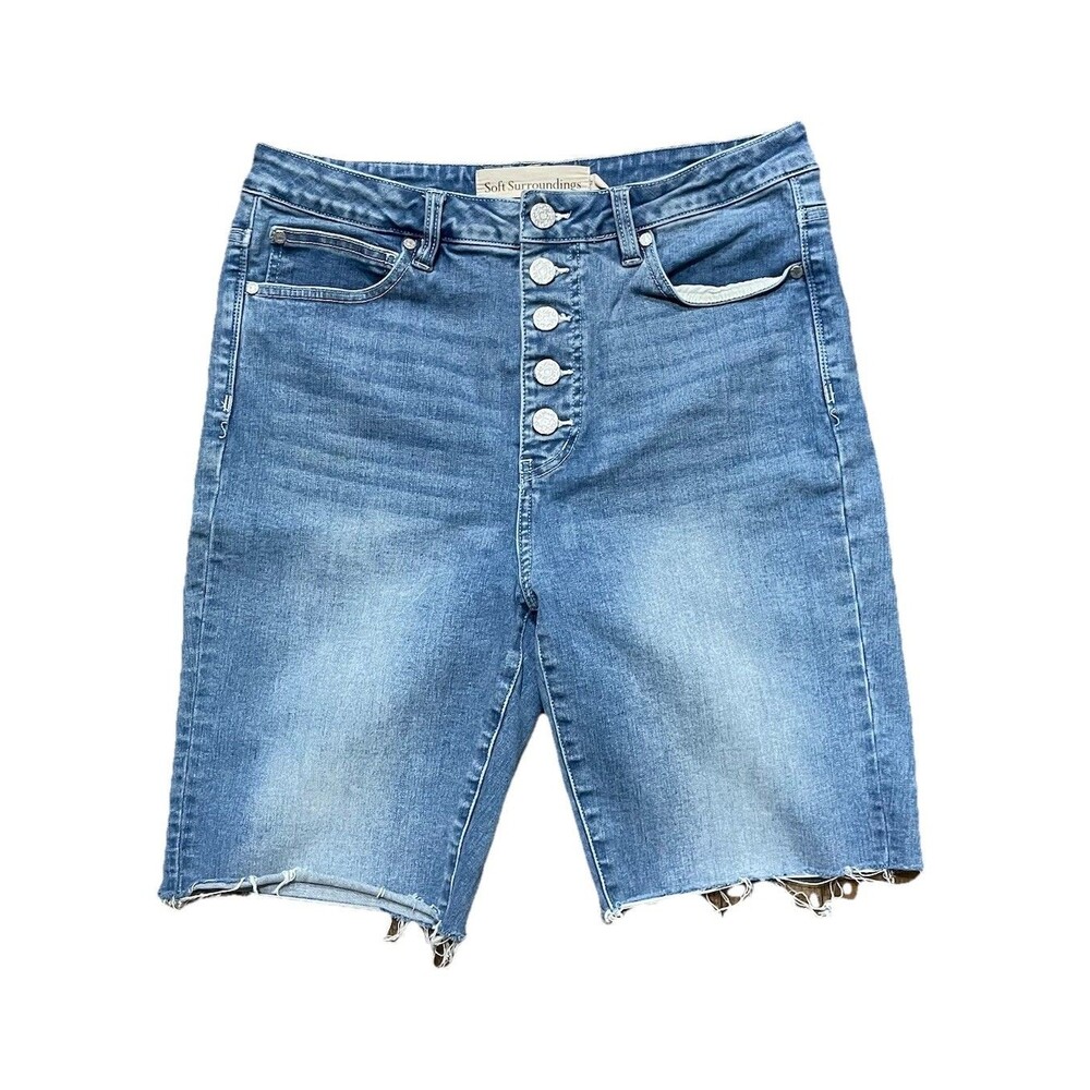 Soft Surroundings Button Fly Raw Hem Bermuda Denim Shorts Size 12 Blue Wash